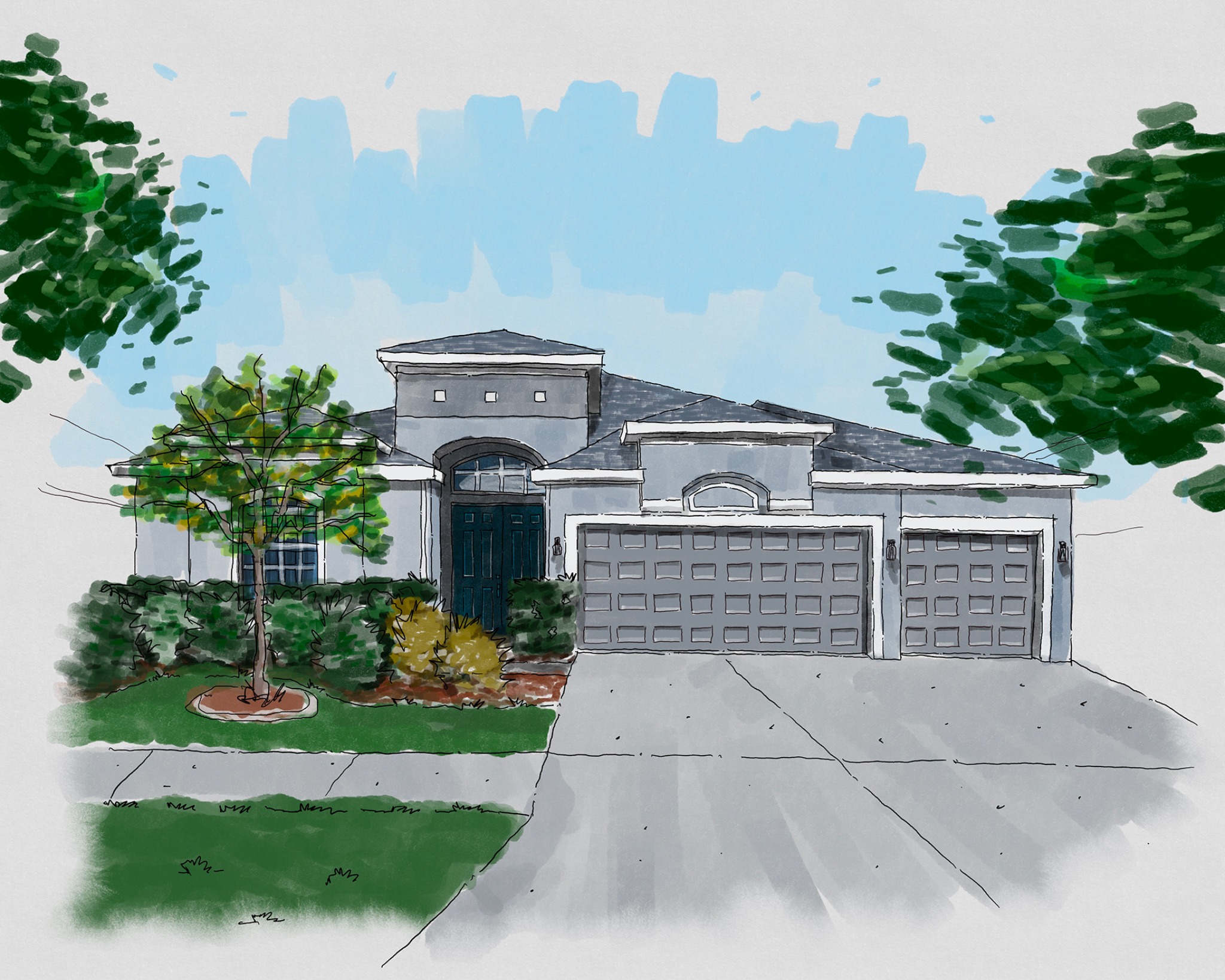 Architectural illustration of a blue house by Javi Sola