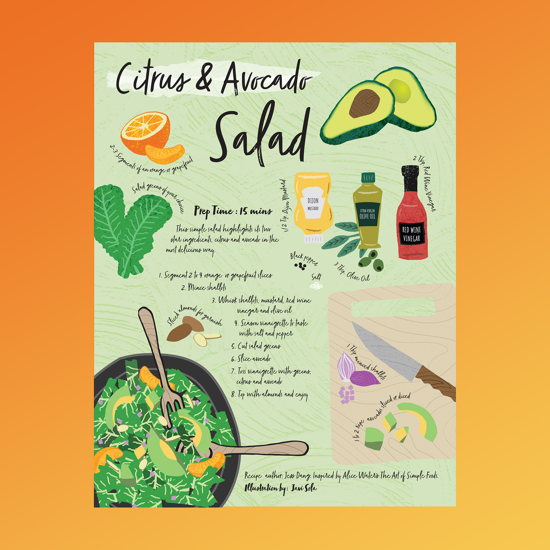 Food illustration of a fresh citrus and avocado salad by Javi Sola