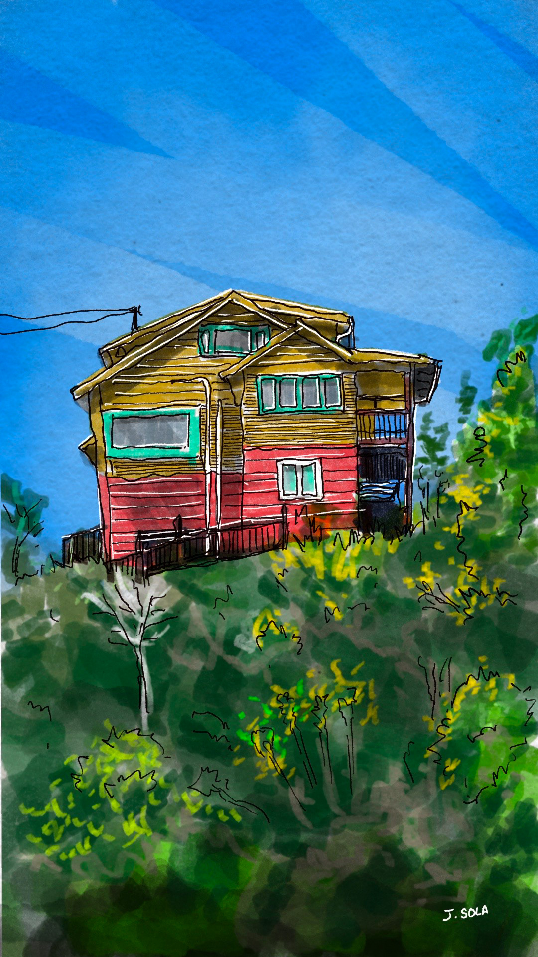 Architectural illustration of a coastal village by Javi Sola