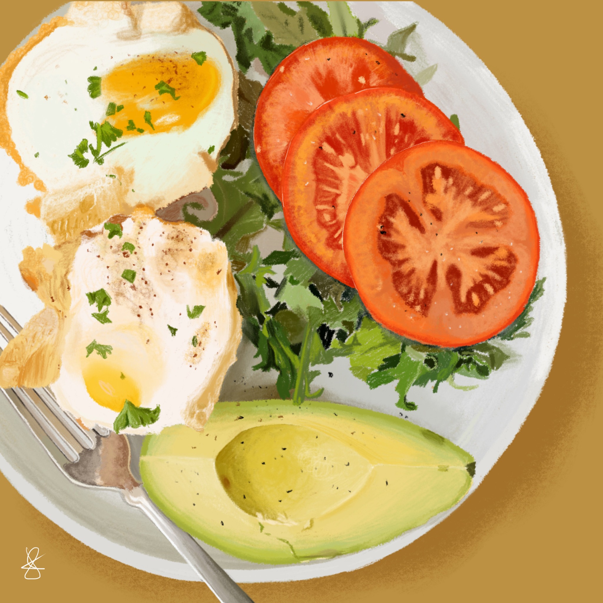 Food illustration of eggs with tomato and avocado by Javi Sola