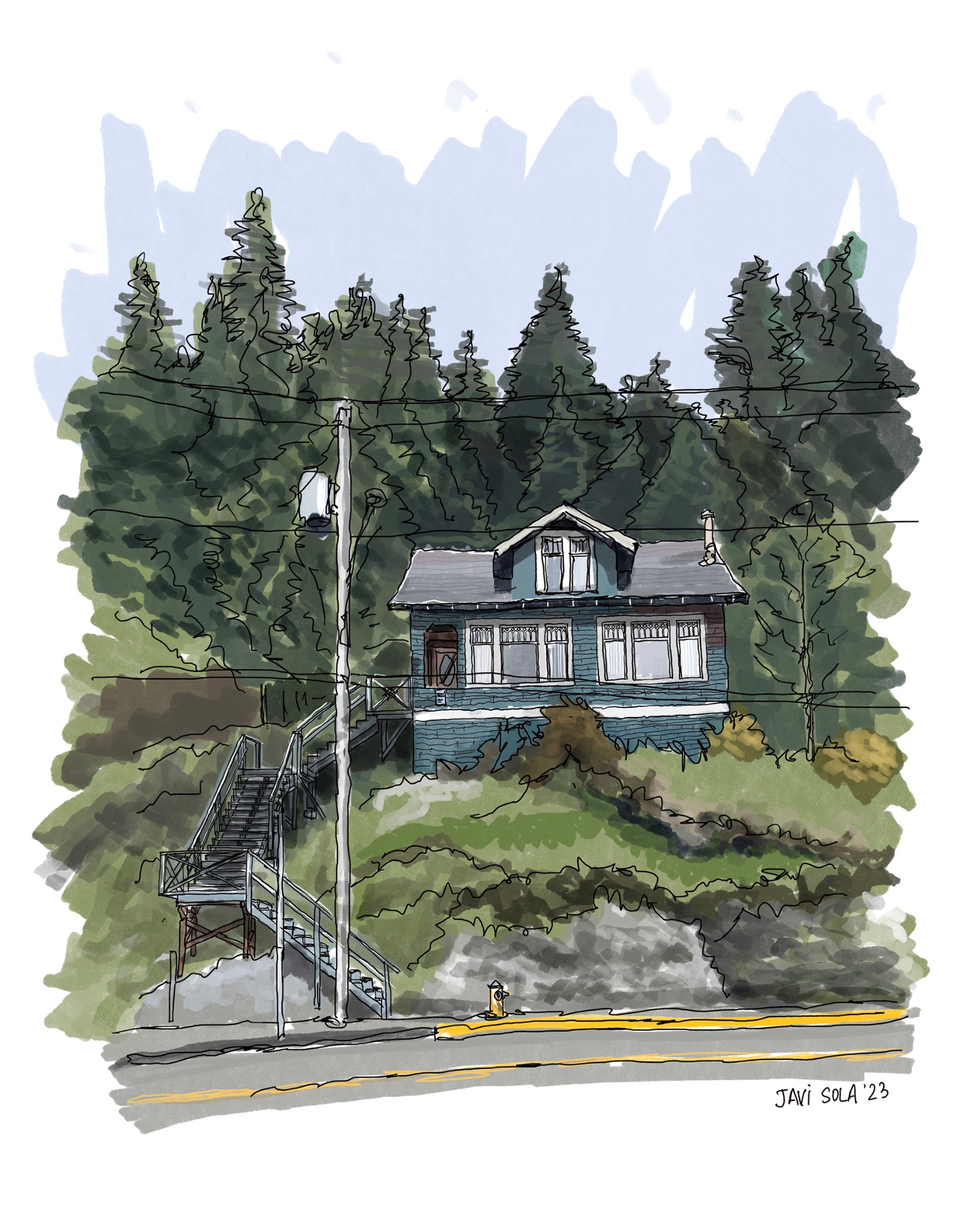 Architectural illustration of a hillside house in ink by Javi Sola