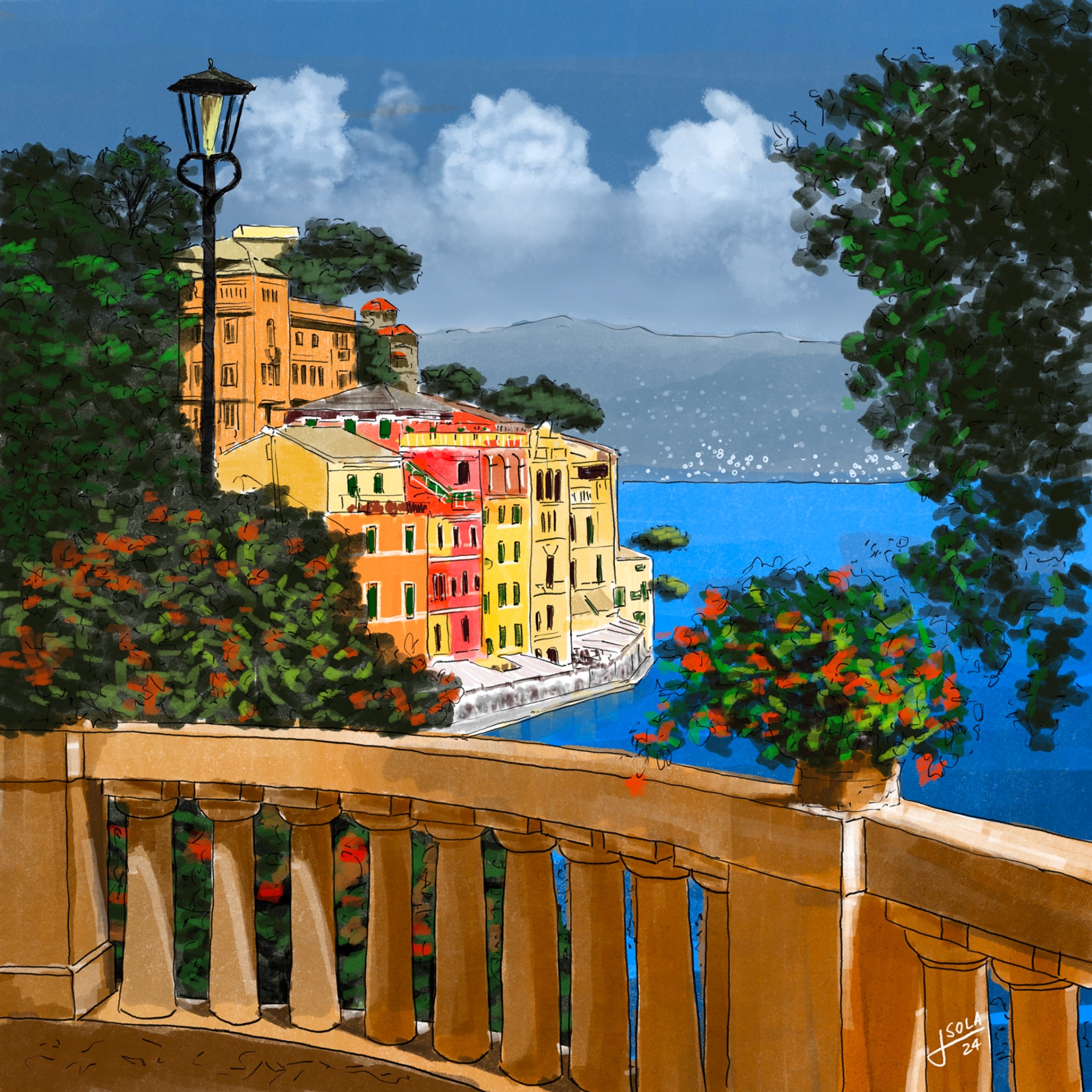 Architectural illustration of an Italian street scene by Javi Sola