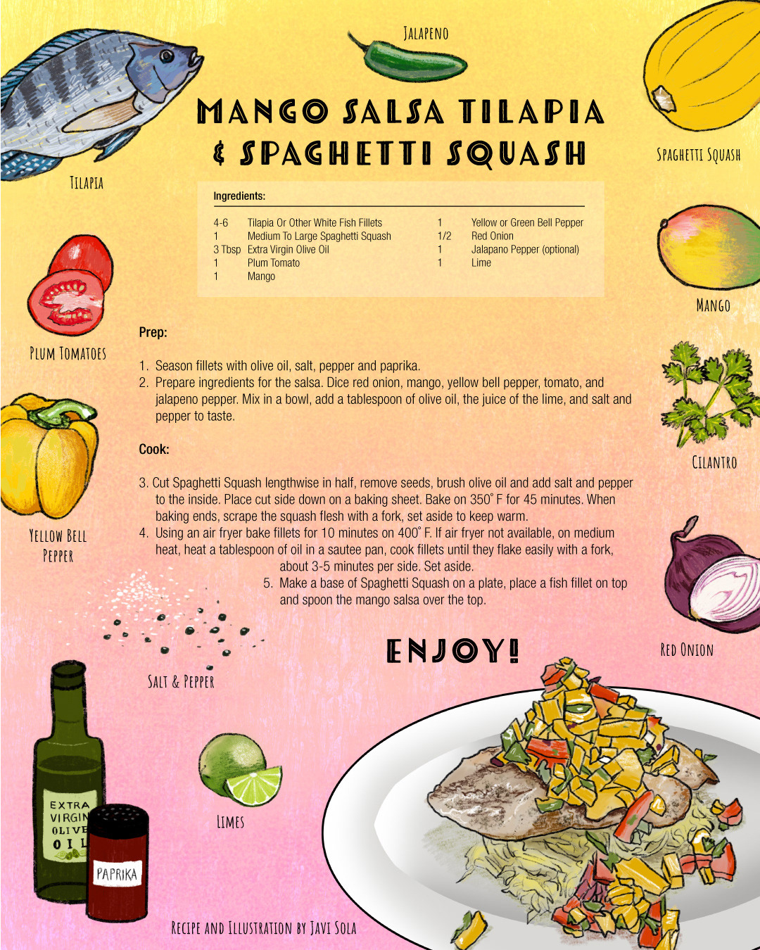 Food illustration of mango tilapia dish by Javi Sola