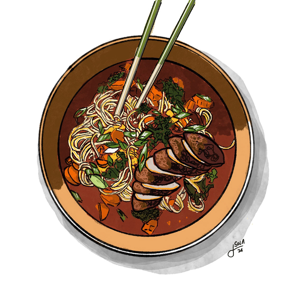 Food illustration of an Asian noodle bowl by Javi Sola