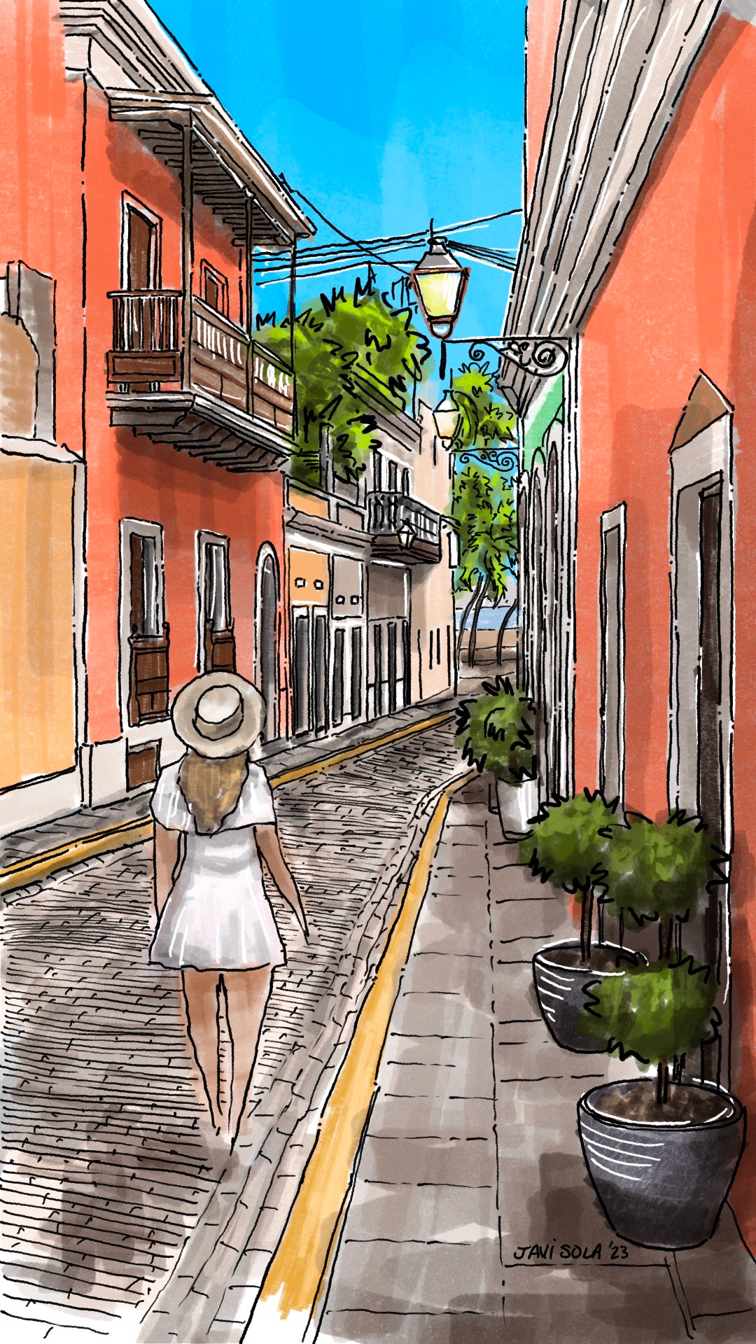 Illustration of strolling through the cobblestone streets of Old San Juan Puerto Rico by Javi Sola