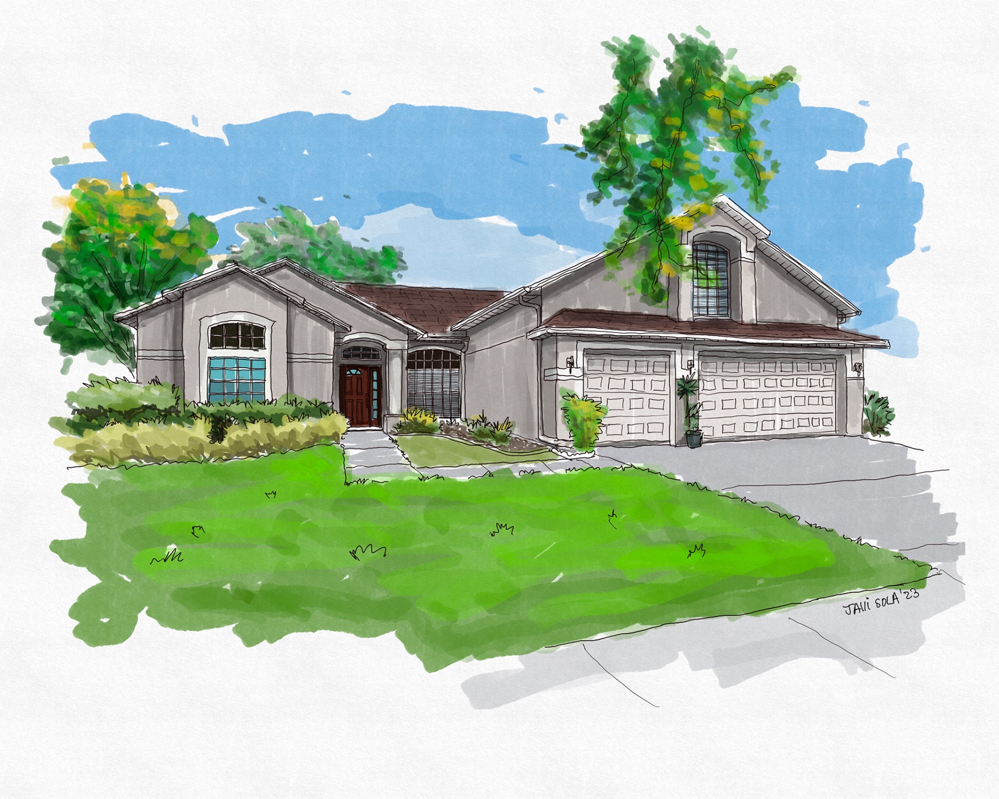 Architectural illustration of a suburban home by Javi Sola